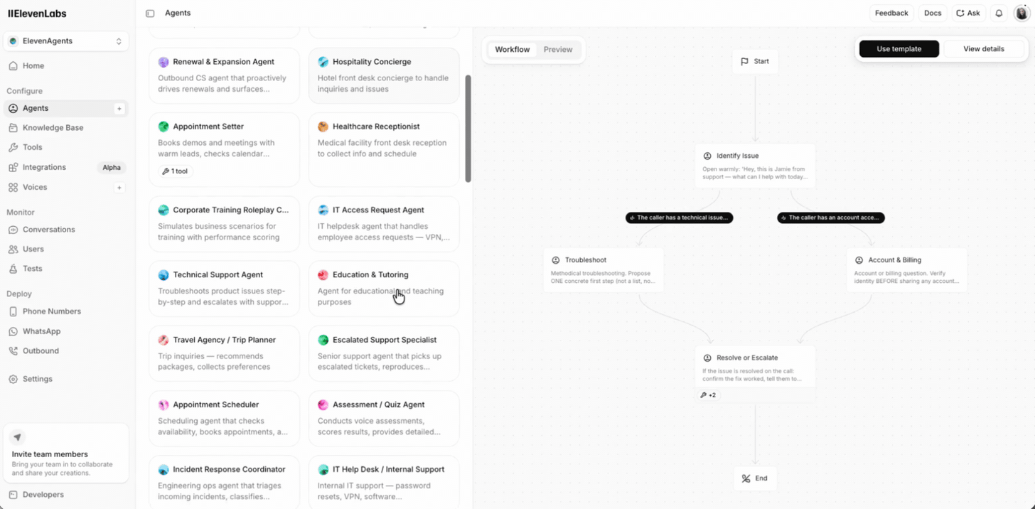 Creating a voice agent from an ElevenAgents template in three steps: select template, connect tools, and create agent. Creating a voice agent from an ElevenAgents template in three steps: select template, connect tools, and create agent.