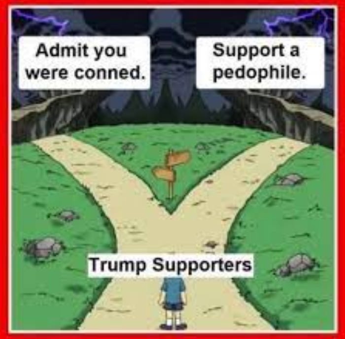 A cartoon of a person standing at a fork in the road. On the left, "Admit you were conned". On the right, "Support a pedophile". The person making the decision is Trump Supporters.