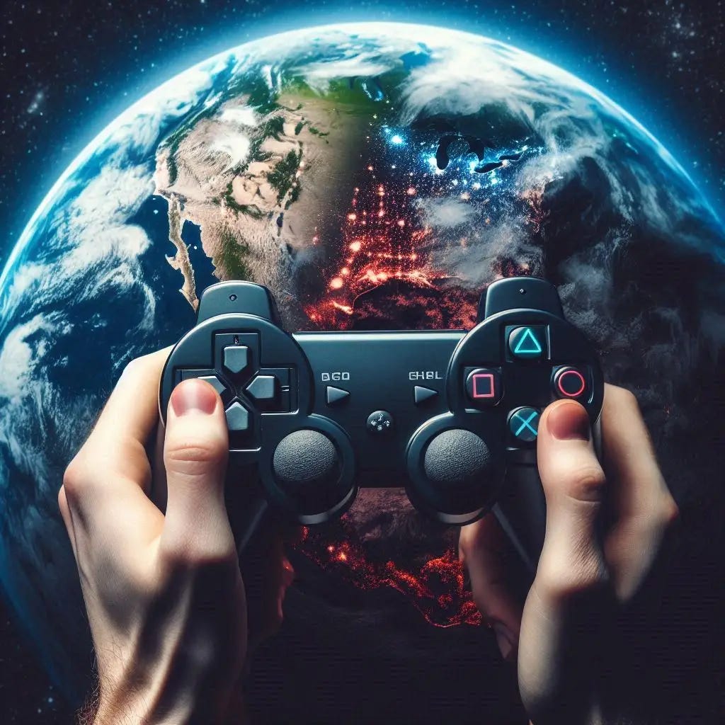 A game console controller being held up in the foreground over a blurry earth below it, as if the shot is taken from space.
