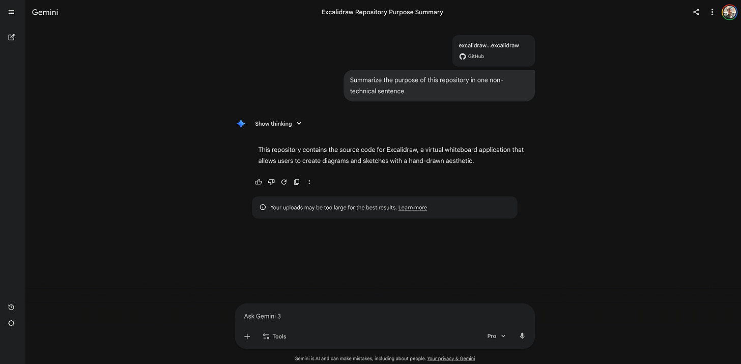 Screenshot of the Gemini response summarizing the Excalidraw repository purpose.