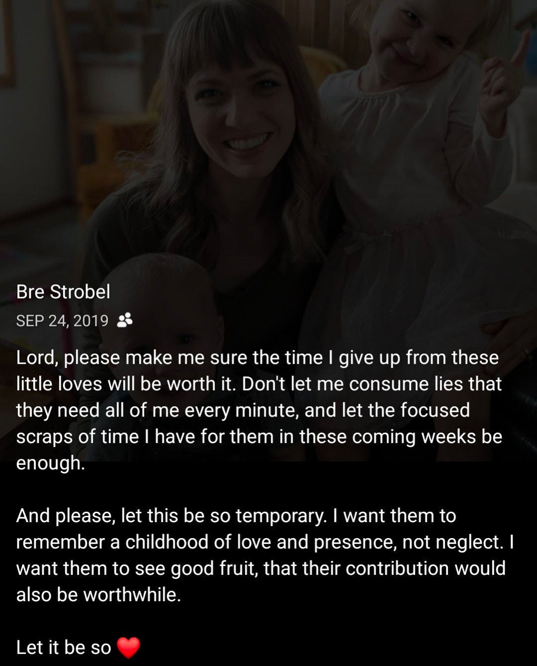 Image of FB caption praying for God to make this season "so temporary" and allow me focused time with my kids.