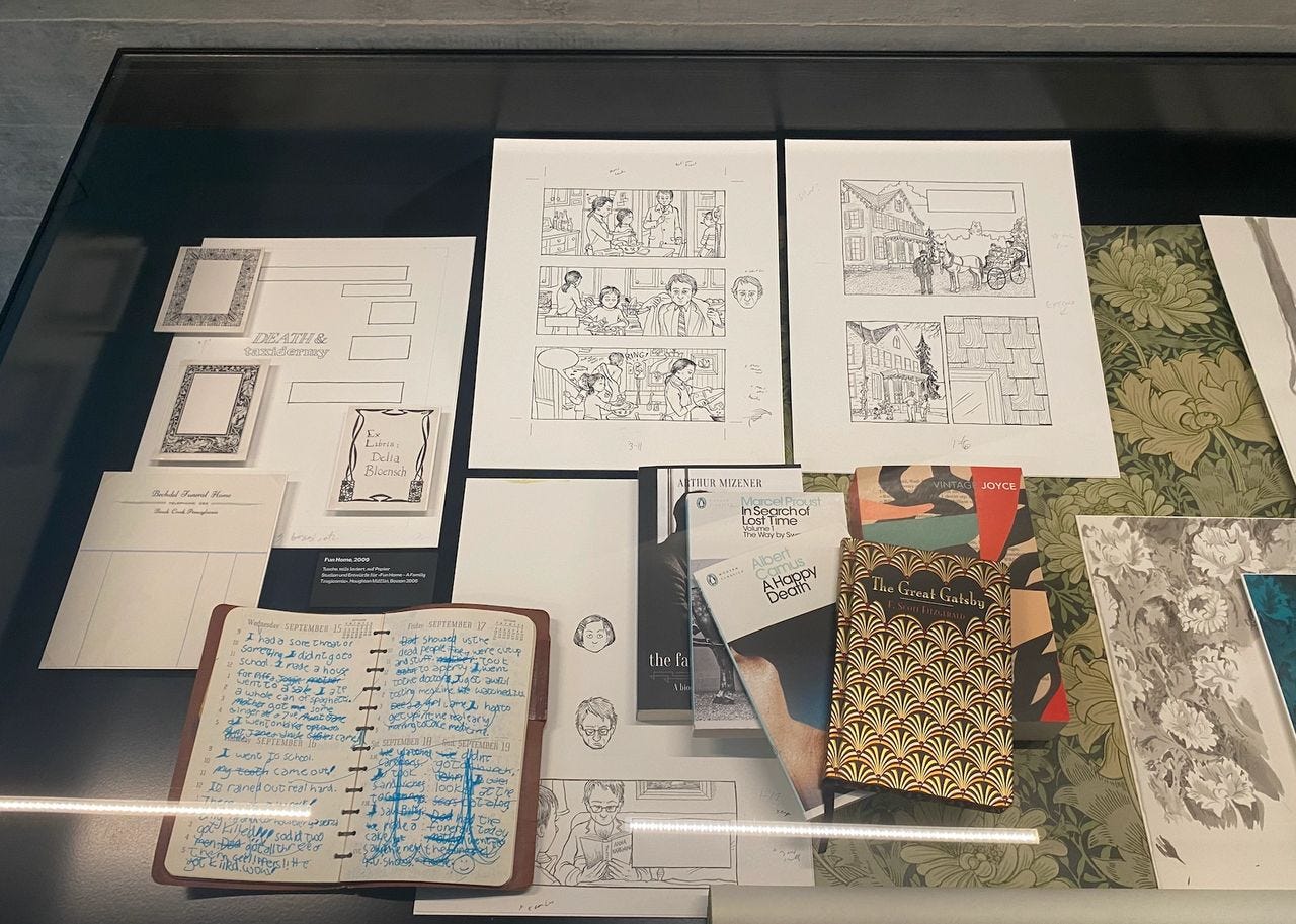 Ephemera, objects, and clippings that inspired Alison Bechdel’s Fun Home, which we discussed at her London launch of Spent. I later saw this display at the exhibition in Basel. This behind-the-scenes look offers insight into the references and materials Bechdel used to construct her memoir.