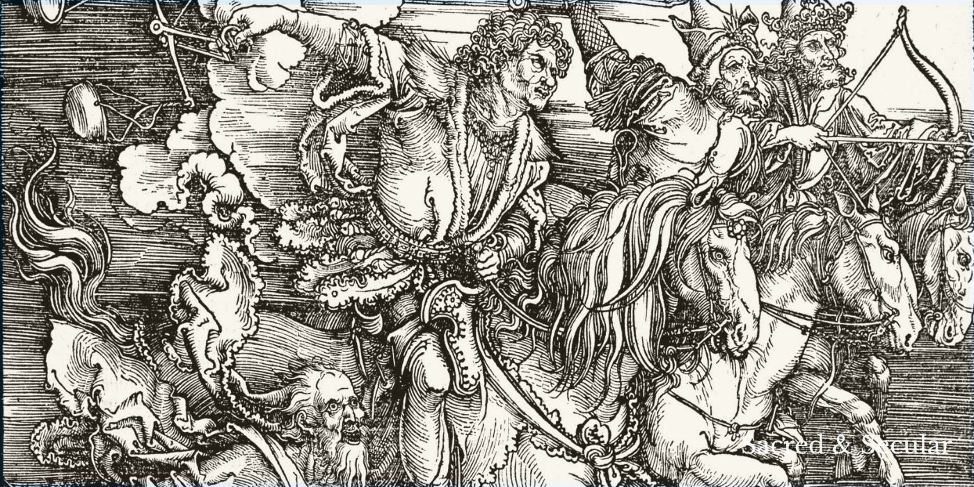 A black-and-white woodcut by Albrecht Dürer showing the Four Horsemen of the Apocalypse charging forward on horseback, carrying weapons and trampling figures beneath them. The scene is crowded, dramatic and full of motion, reflecting the terrifying imagery of the Book of Revelation. A black-and-white woodcut by Albrecht Dürer showing the Four Horsemen of the Apocalypse charging forward on horseback, carrying weapons and trampling figures beneath them. The scene is crowded, dramatic and full of motion, reflecting the terrifying imagery of the Book of Revelation.