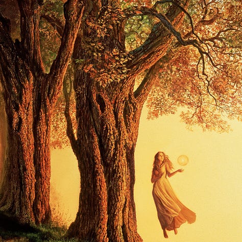 LEFT: Detail from RISING featuring a woman in long dress hovering in open air. She holds her hands out as if presenting a clear spherical vessel containing a solitary flame. The trees next to her are intricately texture, and their leaves are as yellow as the golden light of the sun the bathes the entire image in warmth. CENTER: Close detail from RISING featuring the woman floating next to ancient trees with gold tinted sky behind her. RIGHT: Close detail from RISING featuring the artists sigil, the stylized letters M and W combined within a circle, hidden among the leaves of the trees.