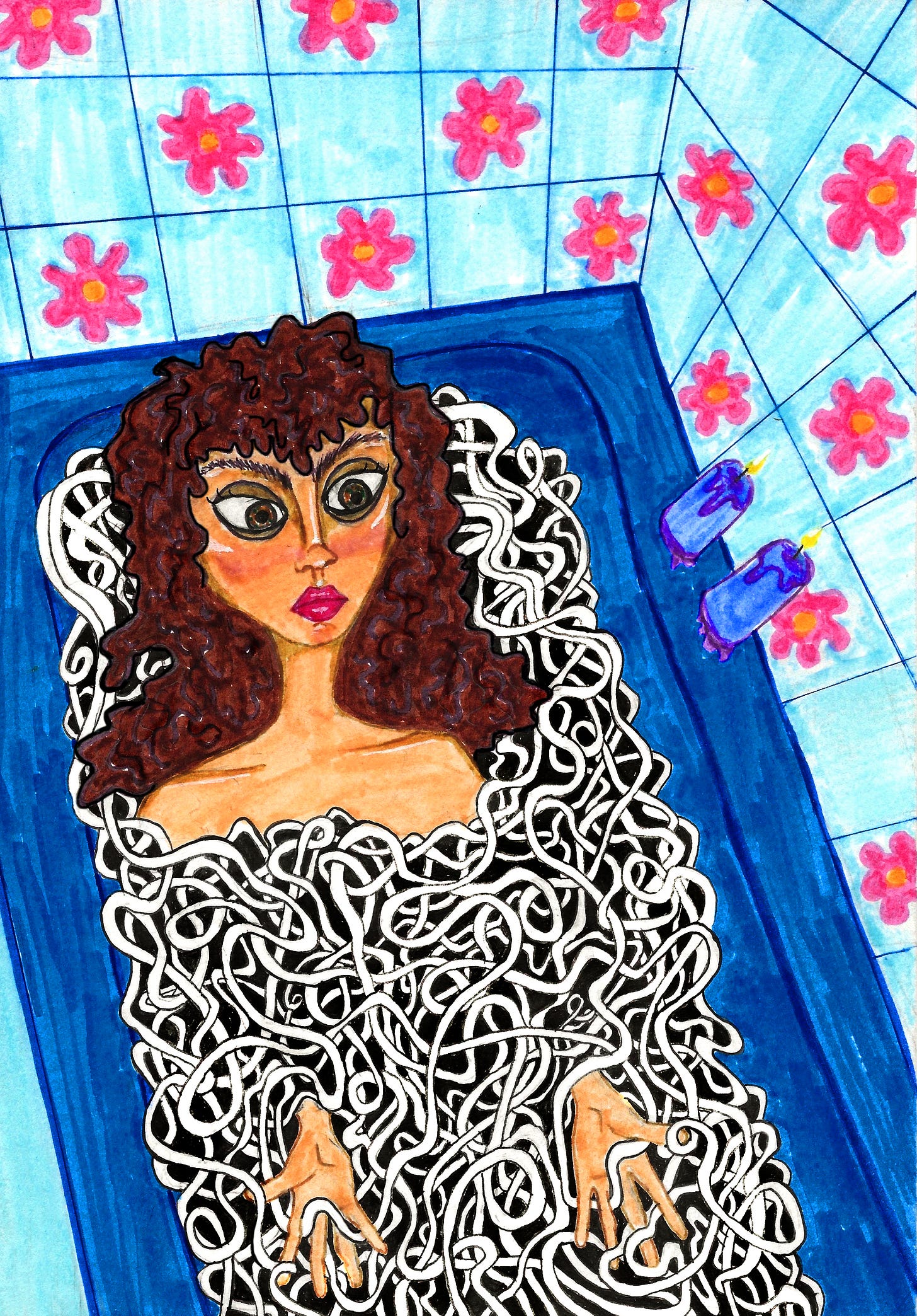 Mixed media composition depicting a feminine presenting person with green eyes and thick brown hair sitting in a bathtub filled with squiggles. The squiggles wrap around their body like water and interlace between their fingers. The tile surrounding the tub is patterned with flowers, and two purple candles rest on its edge.