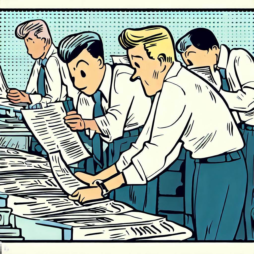 A credit bureau processing reports, herge style A credit bureau processing reports, herge style