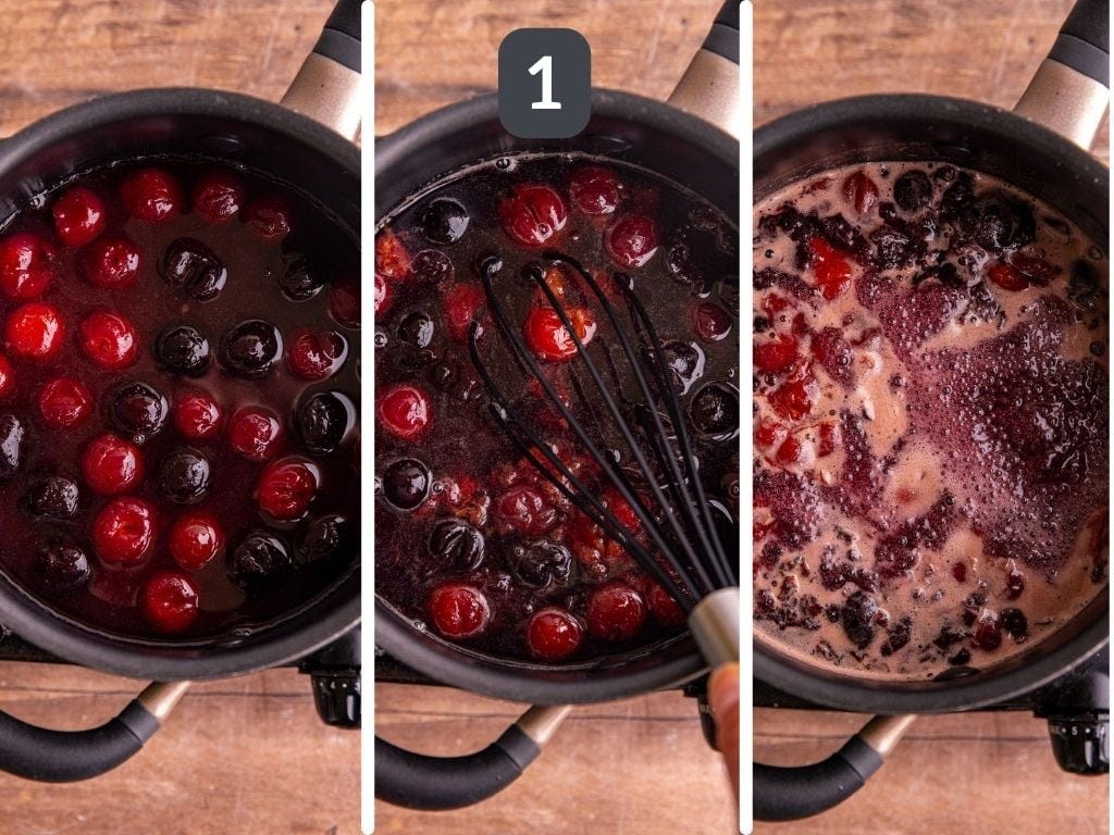 Cherry Simple Syrup Step 1 - heat the cherries, water, and sugar.