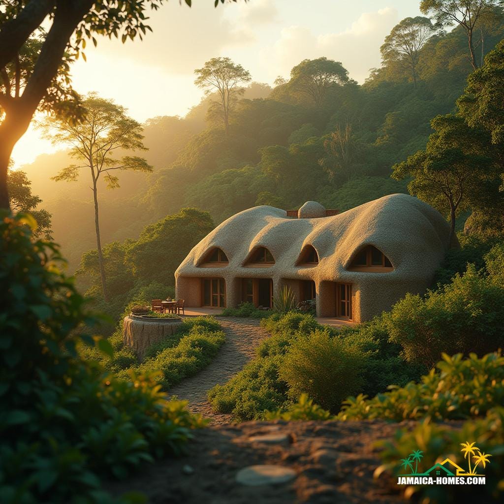 A majestic earthbag home, nestled in the lush hills of Kingston, Jamaica, Caribbean, basks in the warm, golden light of the setting sun. The camera, a V-Raptor XL, captures the scene with a shallow depth of field, emphasizing the textures of the earthbag walls, while the surrounding foliage is softly blurred.