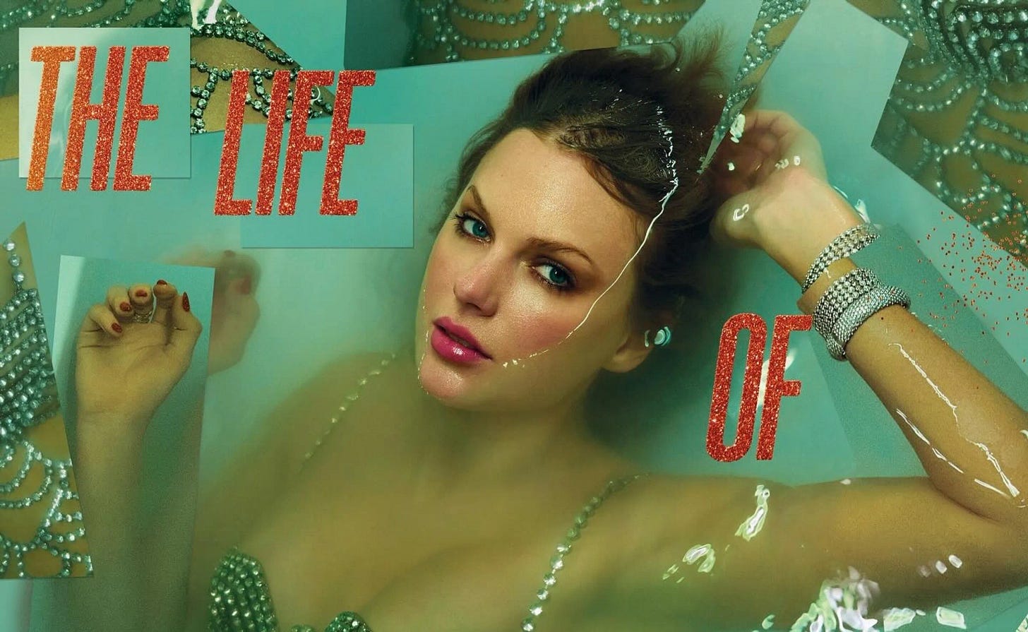 The album cover for Taylor Swift’s The Life of a Showgirl shows her partly submerged in a hazy turquoise liquid, wearing a rhinestone-studded bodice and sparkling bracelets. Her face and shoulders are visible above the water, her pink lips and blue-green eyes highlighted by soft lighting. Red glitter-text reading “THE LIFE OF” overlays the image, with reflections and fragments of her figure surrounding her like shards of mirrored glass. The composition evokes glamour, artifice, and vulnerability.