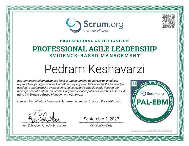 Pedram Keshavarzi's Professional Agile, Scrum, Kanban, Product Management Certificates