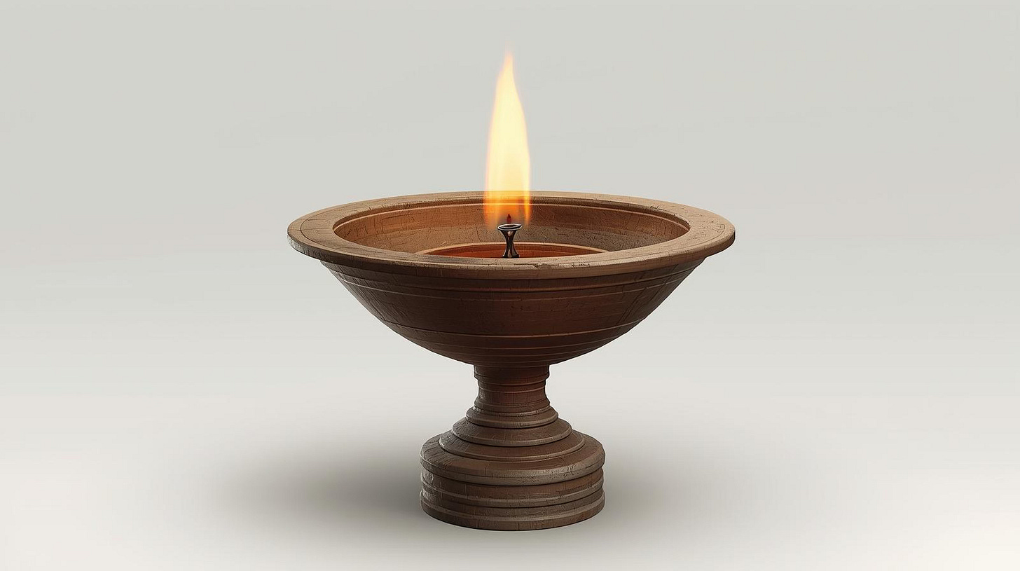 Medieval lamp wide at top narrow at bottom burning flame Medieval lamp wide at top narrow at bottom burning flame