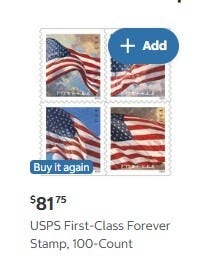 A Costco Same-Day listing for a 100-count pack of USPS First-Class Forever stamps at $81.75, marked Buy it again. A Costco Same-Day listing for a 100-count pack of USPS First-Class Forever stamps at $81.75, marked Buy it again.
