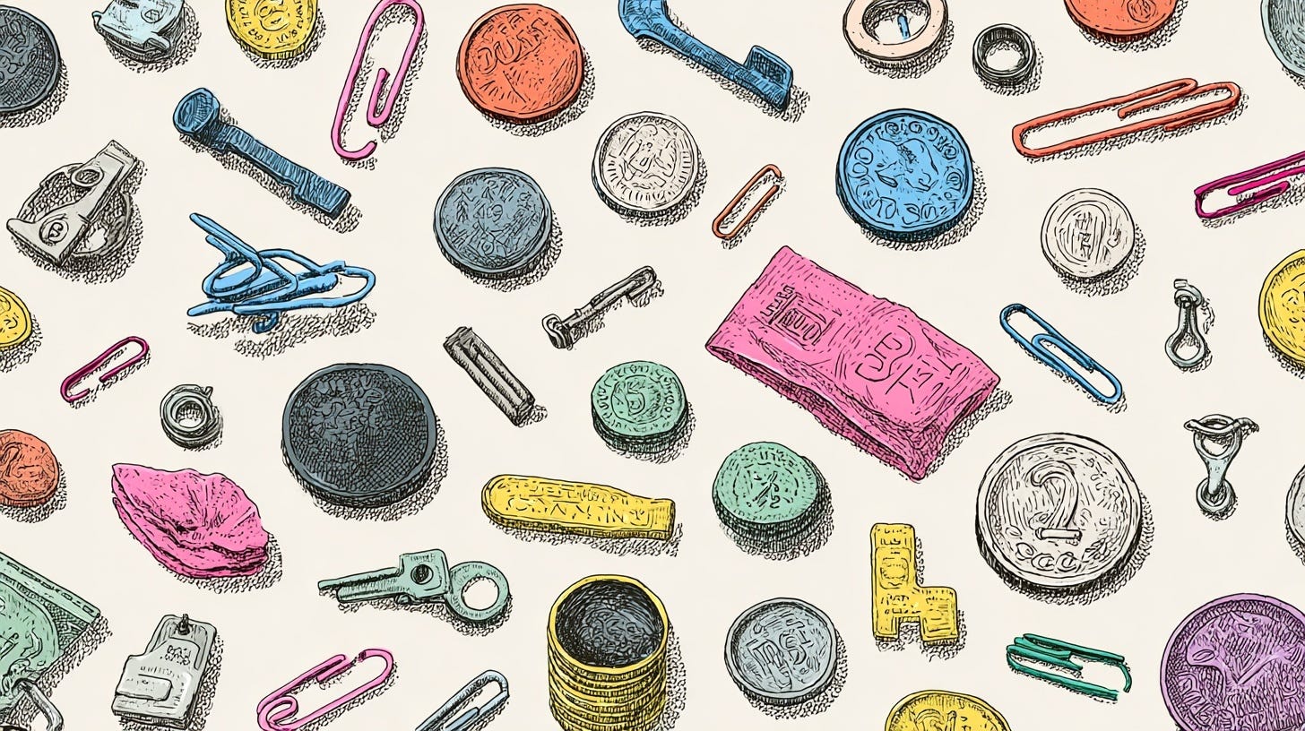 A scattered collection of mismatched objects including coins, paperclips, keys, erasers and small plastic pieces, arranged loosely across a neutral background. The assortment appears random and outdated, symbolising the way unused items accumulate over time. A scattered collection of mismatched objects including coins, paperclips, keys, erasers and small plastic pieces, arranged loosely across a neutral background. The assortment appears random and outdated, symbolising the way unused items accumulate over time.