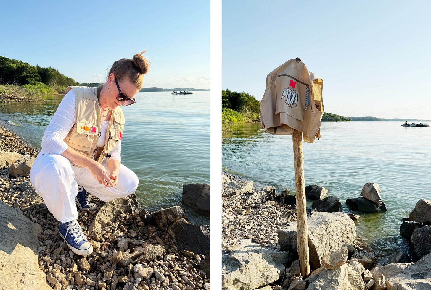 Photo of Erika wearing fishing vest at the lake