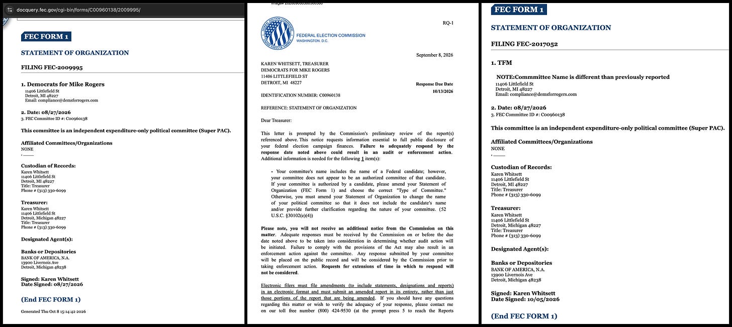 statements of organization for Democrats for Mike Rogers/TFM, and a letter from the FEC informing the super PAC that they cannot use Mike Rogers' name in the super PAC name statements of organization for Democrats for Mike Rogers/TFM, and a letter from the FEC informing the super PAC that they cannot use Mike Rogers' name in the super PAC name