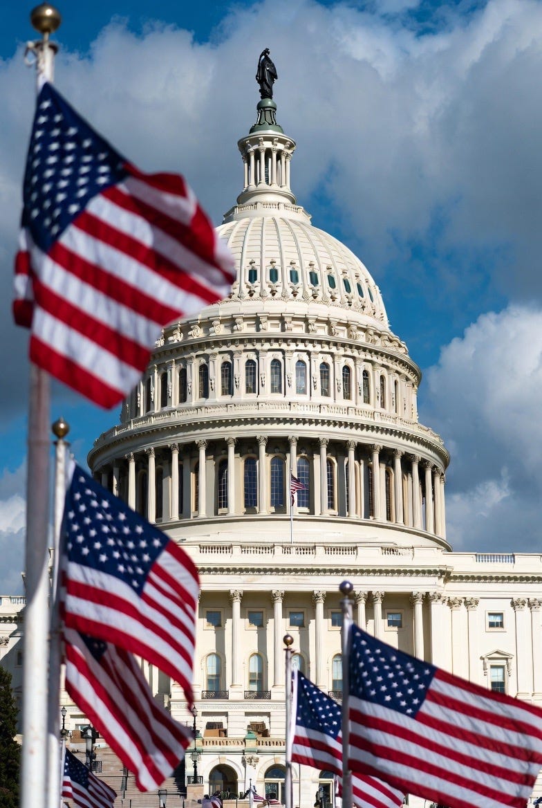 A photograph of the United States Capitol with American flags in the foreground, under a partly cloudy sky. A photograph of the United States Capitol with American flags in the foreground, under a partly cloudy sky.