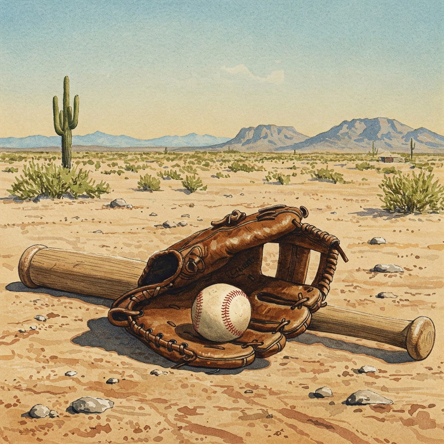 Baseball, mitt, and bat in Arizona desert.