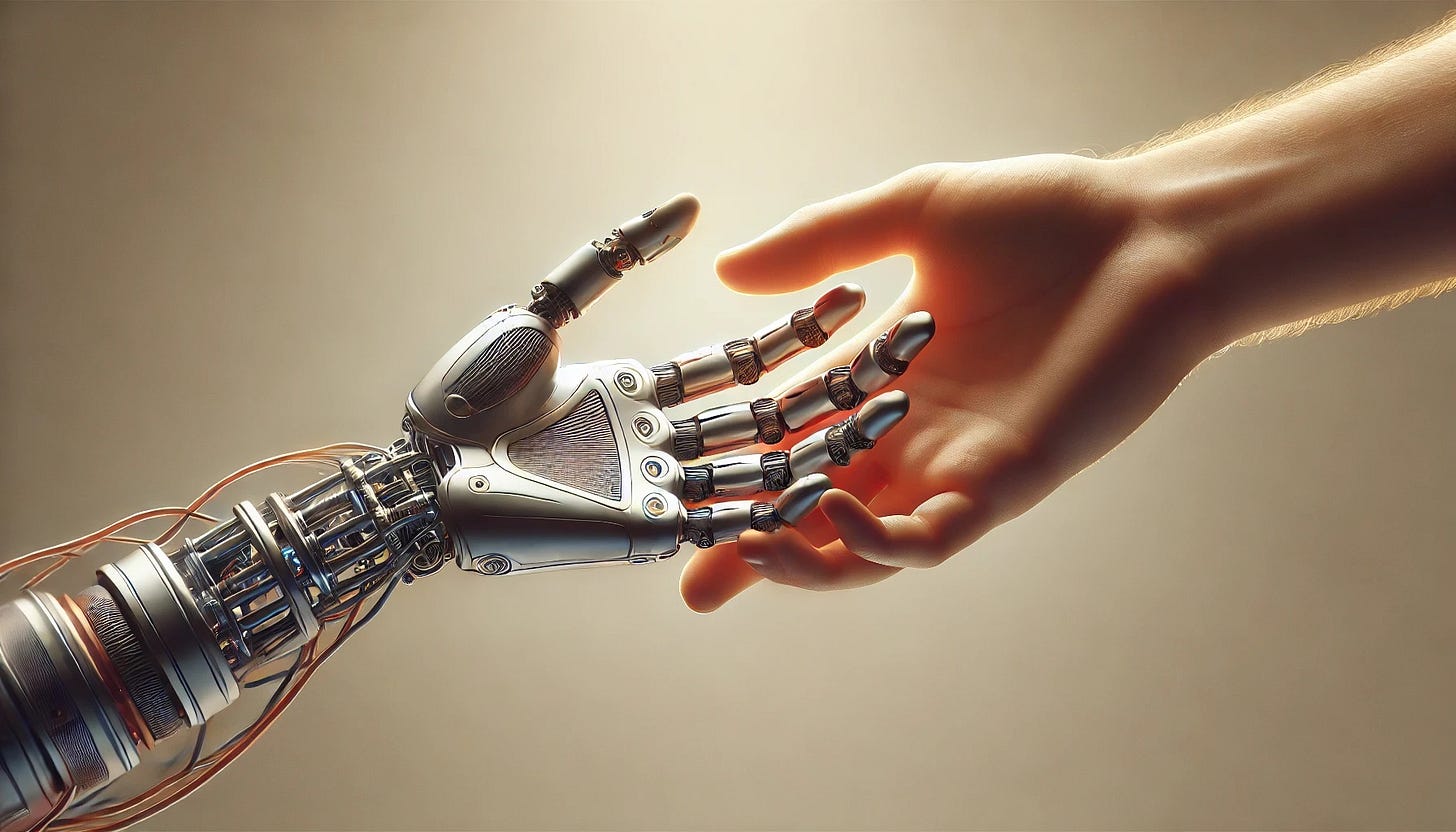 A human hand and robot hand reach out to touch. A human hand and robot hand reach out to touch.