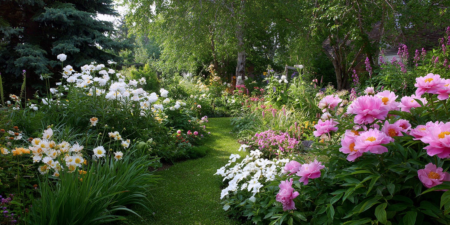 A well-maintained garden with neatly arranged flower beds. Bright pink peonies and white daisies border a clear grassy path, with trees and greenery providing shade. The layout looks intentional and harmonious, with a sense of balance and order.