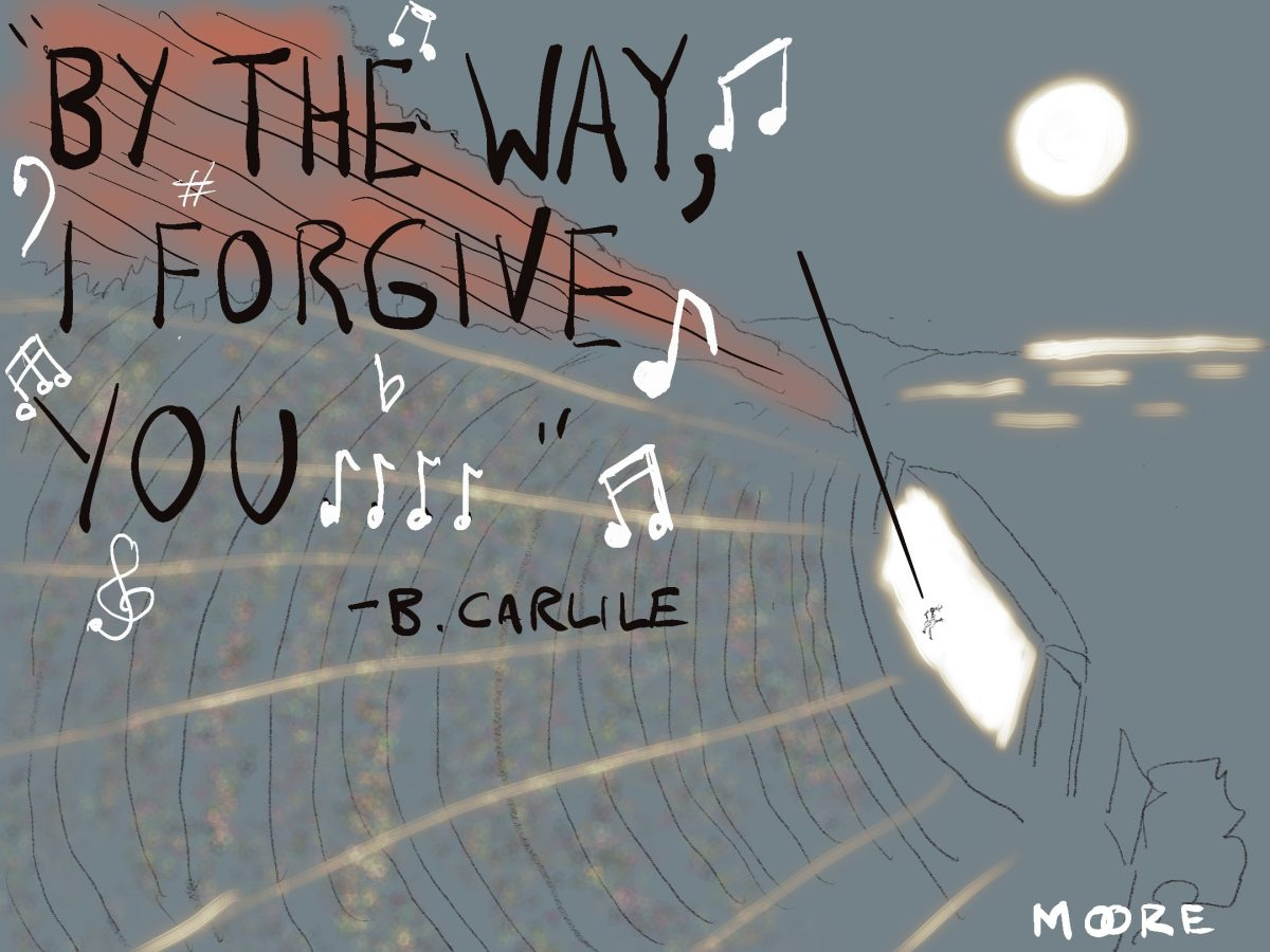 A cartoon drawing of lyrics from a Brandi Carlile song wafting over Red Rocks Amphitheatre with a full moon in the sky