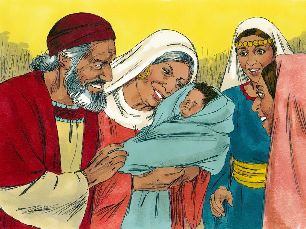 An illustration of Zechariah and Elizabeth with their baby, John the Baptist An illustration of Zechariah and Elizabeth with their baby, John the Baptist