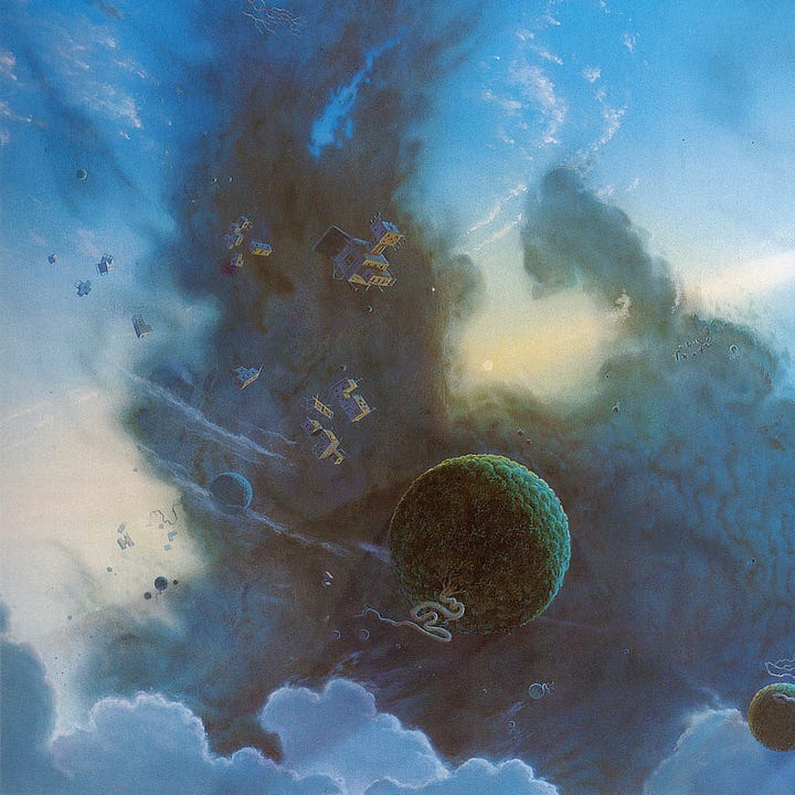 LEFT: Background detail from THE SMOKE RING featuring a dark cloud that flows like soup. Several small clusters of plant matter have a single rootlike tentacle growing out of them. Several buildings in various extended cube arrangements float past the darkness. RIGHT: Figure detail fromTHE SMOKE RING featuring a man reaching out from a spherical puffball of plant matter to grab at a woman with swim flippers floating gravity free. A fishlike creature with wings glides above them. Aliens birds with four wings approach the sphere, possibly attracted by the starfish like organisms on its surface.