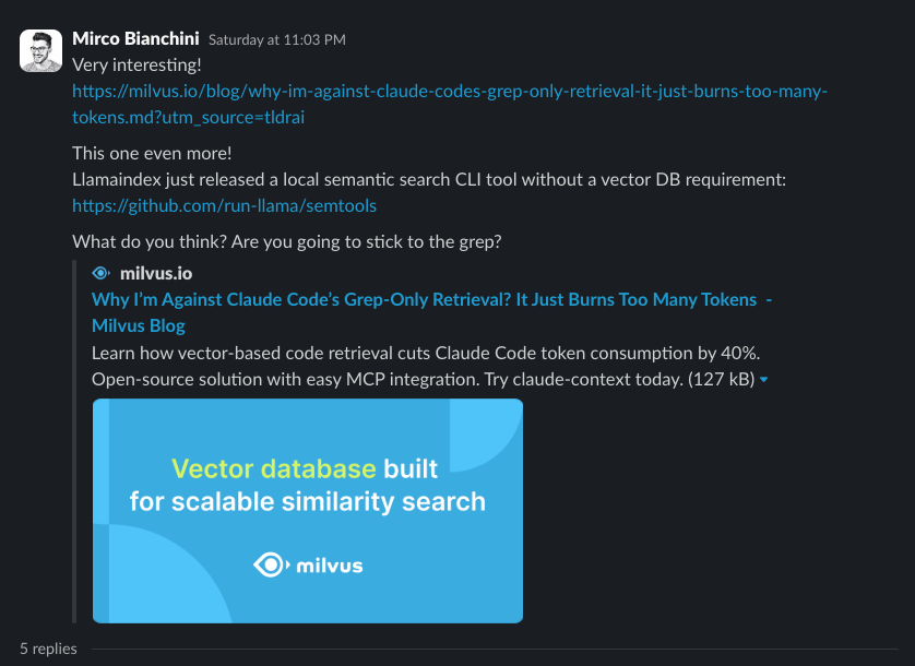 Mirco Bianchini in MLOps.Community on Milvusās blog: āWhy Iām Against Claude Codeās Grep-Only Retrieval? It Just Burns Too Many Tokens.ā Mirco Bianchini in MLOps.Community on Milvusās blog: āWhy Iām Against Claude Codeās Grep-Only Retrieval? It Just Burns Too Many Tokens.ā