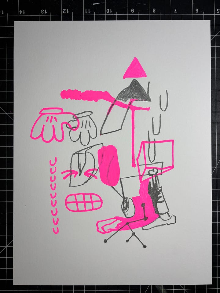 A group of small drawings in pink paint pen and graphite featuring cartoonish, abstract shapes and typographic forms