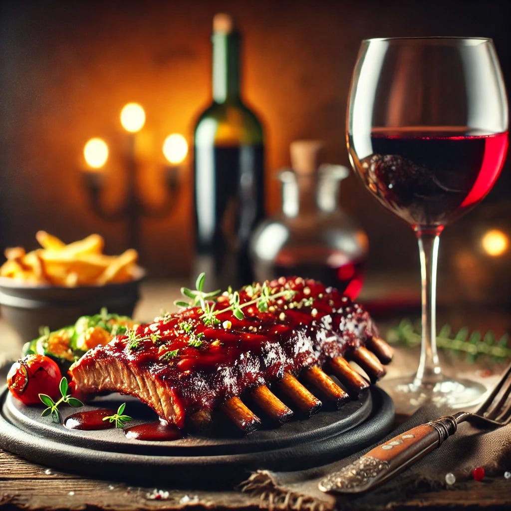 A beautifully plated dinner scene featuring a glass of red wine next to a serving of succulent ribs. The ribs are glazed with a glossy barbecue sauce, placed on a rustic wooden table, garnished with herbs and served with a side of roasted vegetables. In the background, a cozy, warm light ambiance suggests a fine dining atmosphere. The glass of red wine has deep, rich tones, reflecting light subtly. Fine details on the meat texture and the wine glass add a touch of realism and elegance.