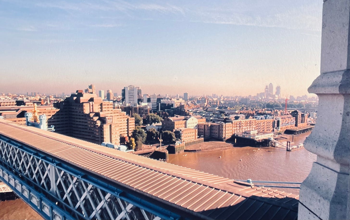 The view towards London Docklands from the Bridgemasters dining room on Tower Bridge 