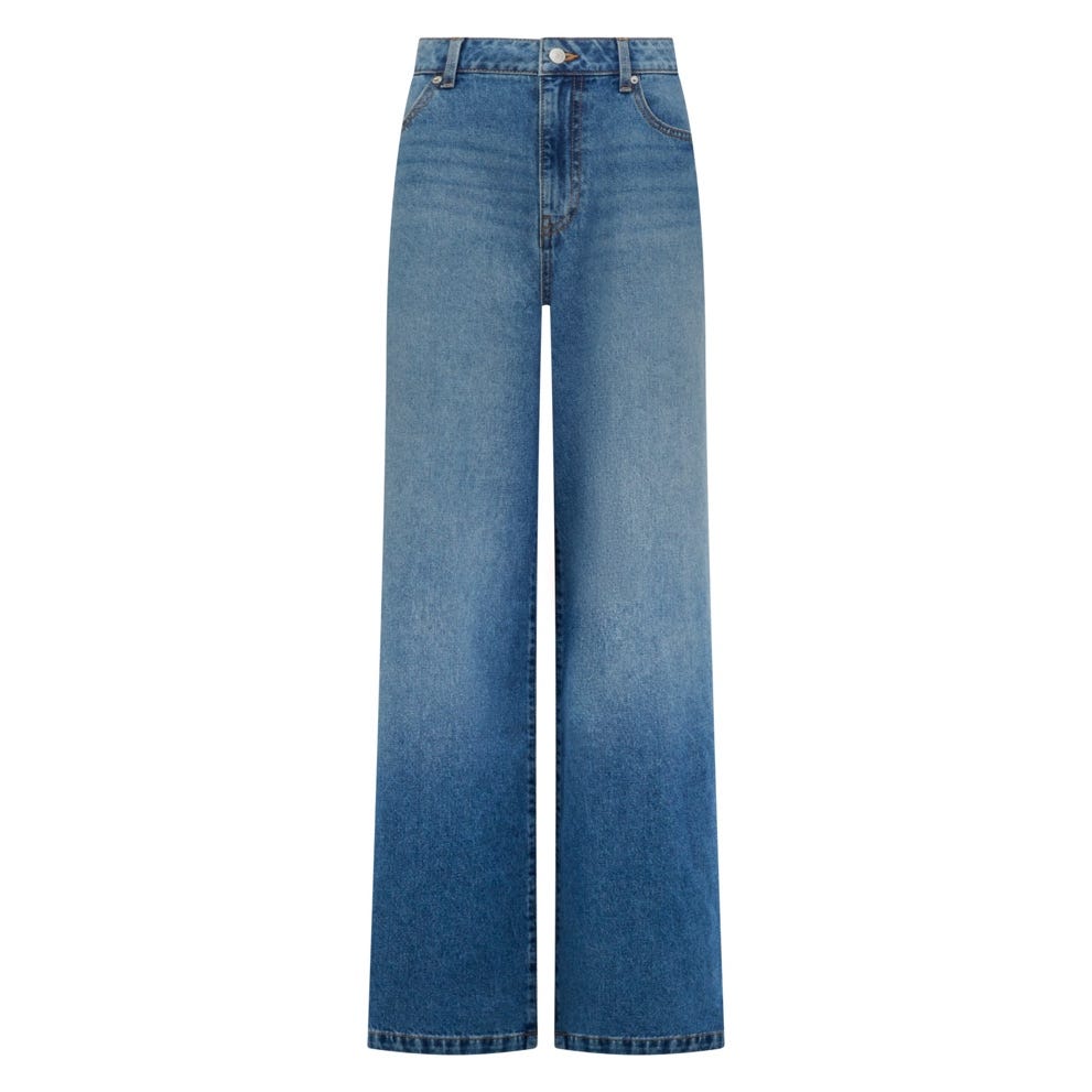 Wide-leg light wash jeans.