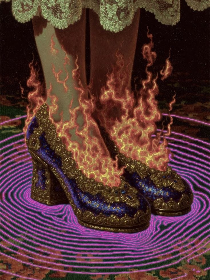 This may contain: there is a woman's feet in high heels with fire coming out of them