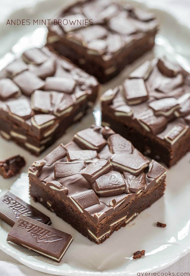 Four Andes Mint Brownies on a plate. Four Andes Mint Brownies on a plate.
