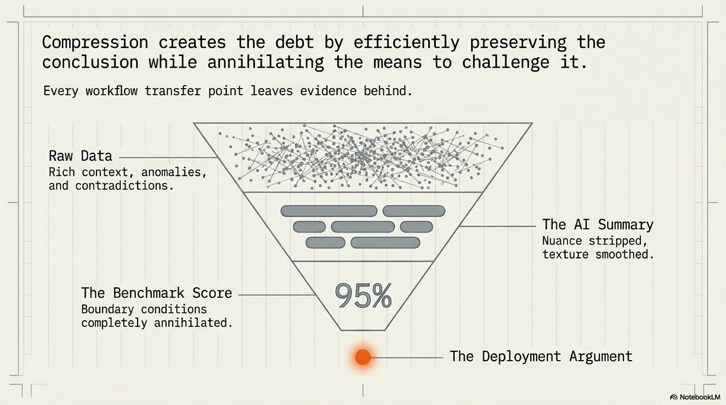 Compression creates the debt by efficiently preserving the conclusion while annihilating the means to challenge it.