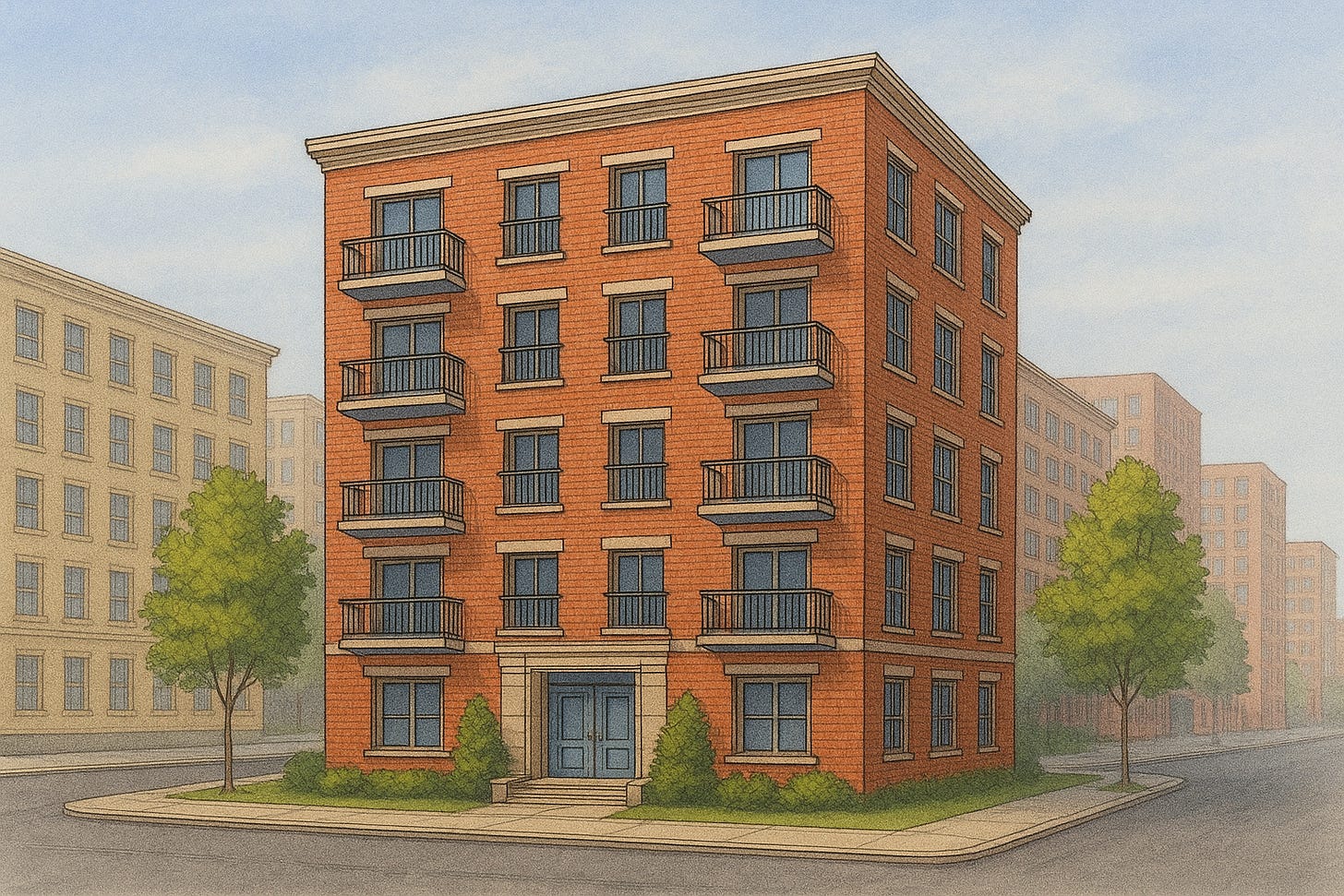 A small 5-story apartment building made of brick