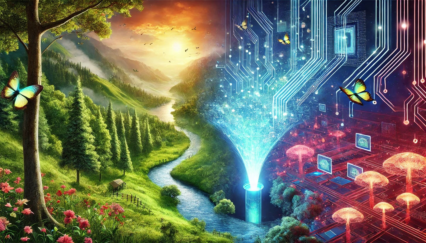 A stunning depiction of two worlds: one side is a vibrant, natural landscape with lush forests, rivers, and wildlife; the other side is a glowing digital realm made of neon circuits, holograms, and floating data streams. These two worlds are connected by a tiny, glowing funnel that acts as a bridge between them, with energy visibly flowing in both directions. The contrast between nature and technology is striking, yet harmonious. A stunning depiction of two worlds: one side is a vibrant, natural landscape with lush forests, rivers, and wildlife; the other side is a glowing digital realm made of neon circuits, holograms, and floating data streams. These two worlds are connected by a tiny, glowing funnel that acts as a bridge between them, with energy visibly flowing in both directions. The contrast between nature and technology is striking, yet harmonious.