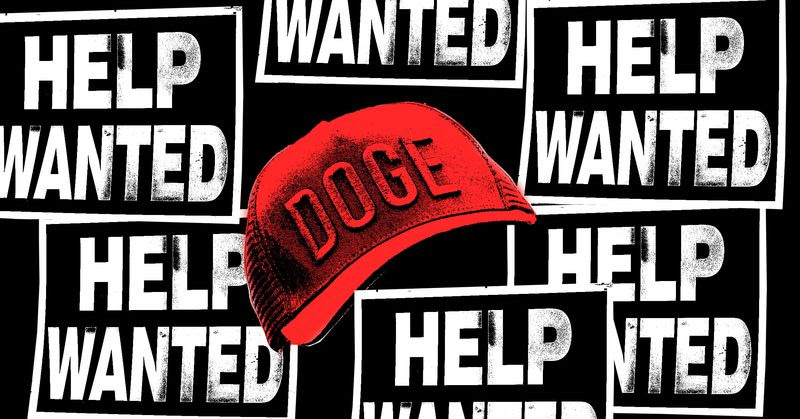 A red hat that reads,%22DOGE%22 against multiple signs that read,%22HELP WANTED%22.