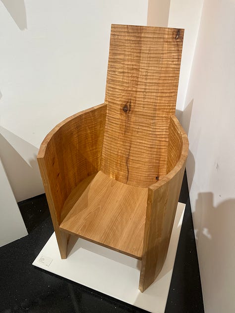 1. Aaron Mighty -- Throne of Gaia lounge chair; 2. Max Bainbridge -- ash tree crucibles; 3. Ella Merriman -- dried rush contained in lattice of found chair.