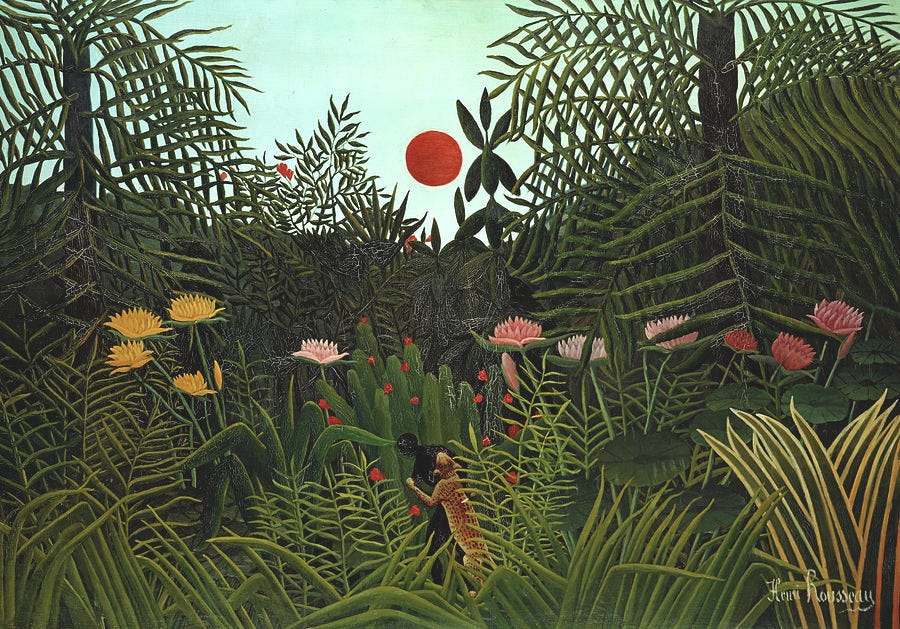 Jungle with Setting Sun, 1910 by Henri Rousseau Jungle with Setting Sun, 1910 by Henri Rousseau