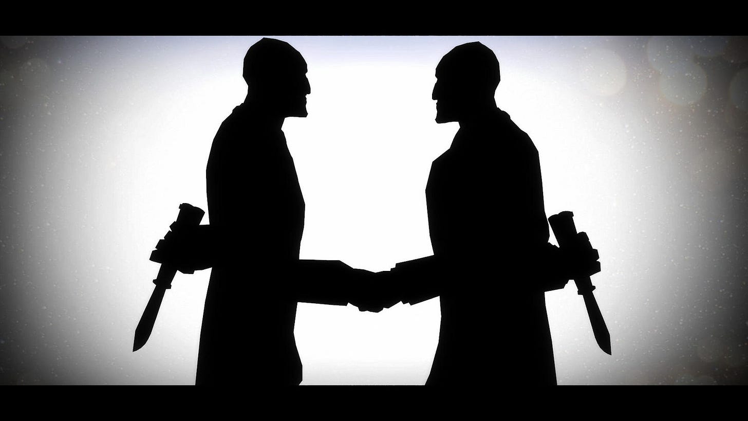 Silhouette of two men shaking hands, each hiding a knife in his other hand behind his back