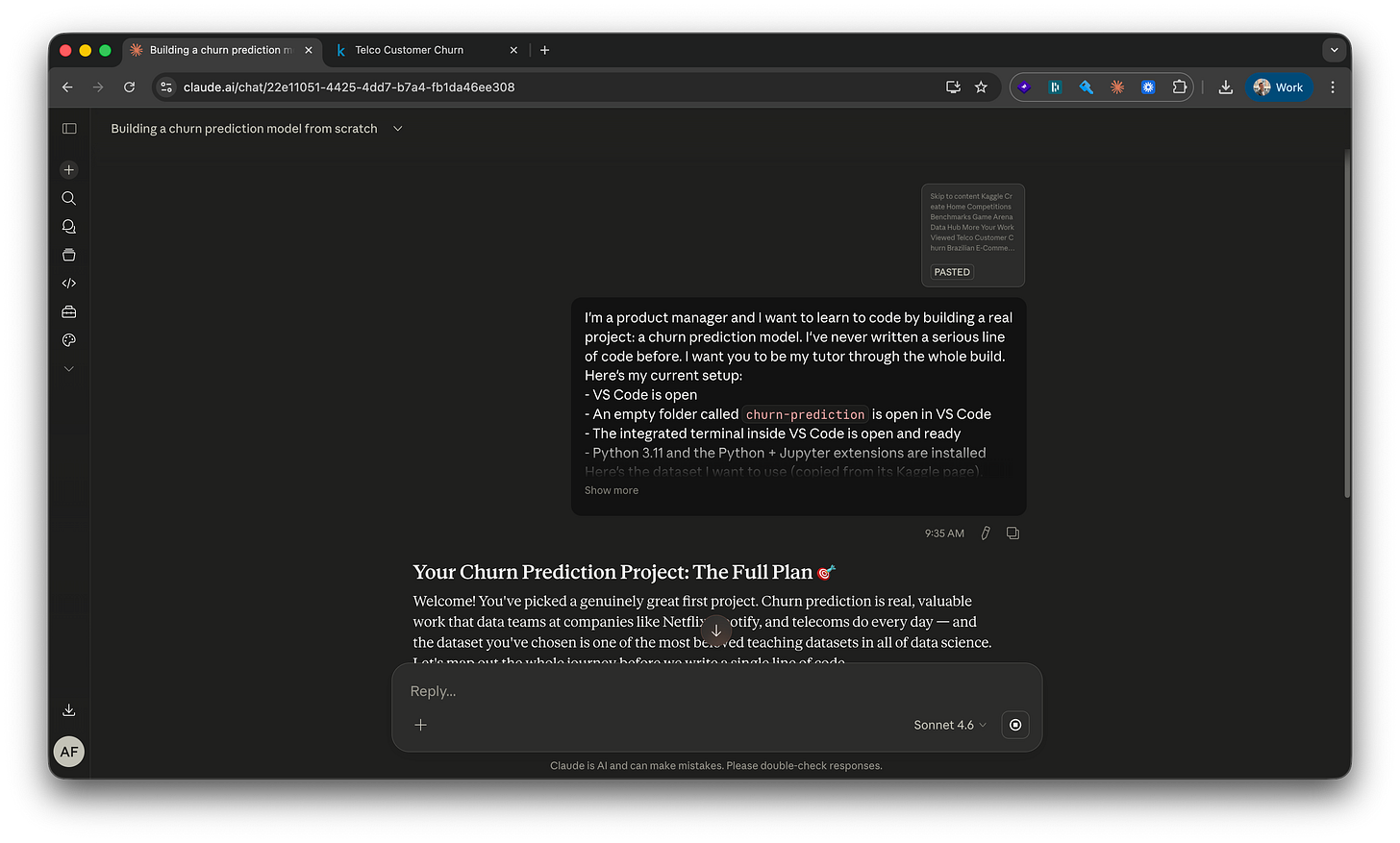 Claude.ai chat showing the user’s first prompt with bullet-pointed setup context, followed by Claude’s response titled “Your Churn Prediction Project: The Full Plan”