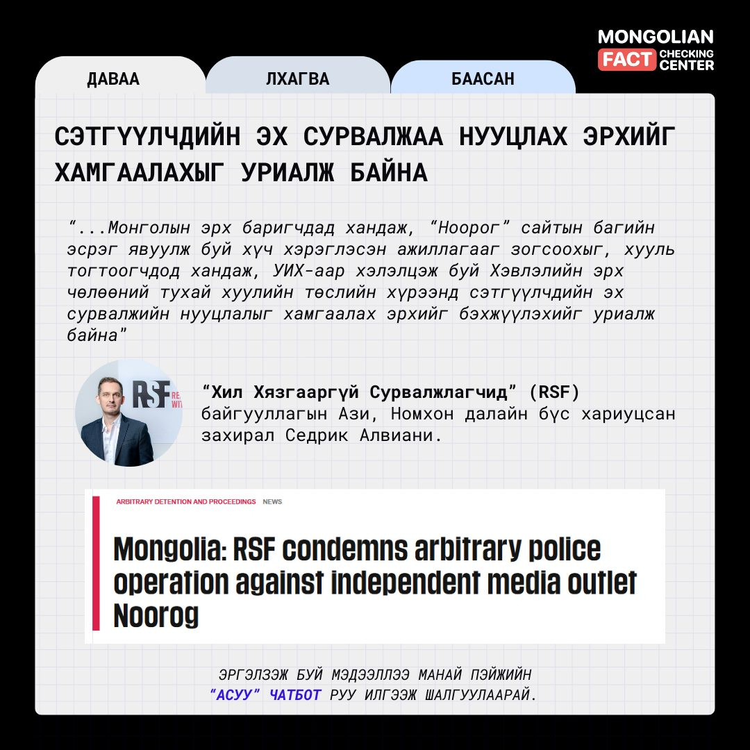 May be an image of 1 person and text that says 'ДАВАА ЛХАГ ВА БААСАН MONGOLIAN FACT CENTER СэтгуулЧдийн 3X СУРВАЛЖАА НУУЩЛАХ ЭРХИЙГ ХАМГ ААЛАХЫГ УРИАЛЖ БАЙНА "...Монголын олын эрх баригчдад хандаж, "Ноорог" сайтын багийн .Монголын эсрэг явуулж буй хуч хэрэглэсэн ажиллагааг зогсоохыг, хууль тогтоогчдод хандаж, уих-аар хэлэлцэж буй Хэвлэлийн эрх челеений тухай хуулийн теслийн хурээнд сэтгуулчдийн сурвалжийн нууцлалыг хамг хамгаалах аалах эрхийг бэхжуулэхийг уриалж байна RSF Nn "Хил Хязгааргуй Сурвалжлагчид" (RSF) байгууллагын байг Ази, Номхон далайн бγс хариуцсан захирал Седрик Алвиани. ARITRAWROFTRNION/NDFROEFOIGS ARINTRARY DETENTION PROCFFDNGS NFWS Mongolia: RSF condemns arbitrary police operation against independent media outlet Noorog ЭРГЭЛЗЭЖ БУЙ мэдээллээ МАНАЙ пэйжийн "СУУ" ЧАТБОТ РУу лГЭЭж ШАЛГУУЛААРАЙ.'