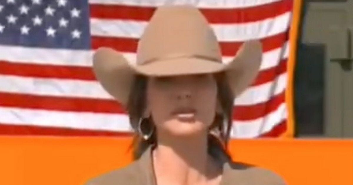 Kristi Noem urged 'get rid of it' as she hides her face behind oversized  cowboy hat | Irish Star