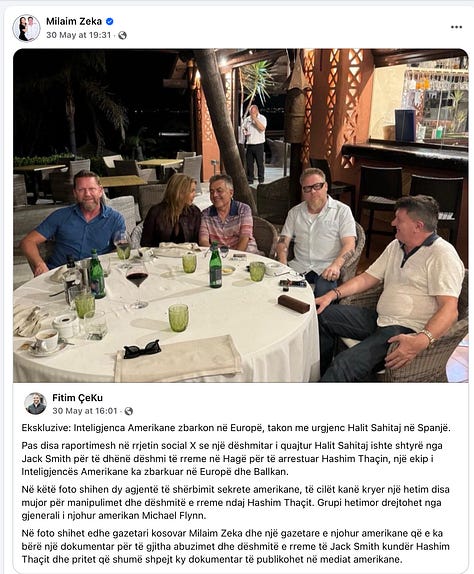 Screenshot 1: Milaim Zeka amplifies Fitim Çeku’s disinformation, republishing his narrative verbatim to reach a wider audience, a clear example of coordinated laundering of falsehoods.   Screenshot 2: Halit Sahitaj (third from left and right) seated at the same table with Milaim Zeka (far right), in a scene contradicting efforts by Çeku to distance both men from ongoing malign operations, a revealing moment of informal association between key players.  Screenshot 3: Further evidence of the amplification loop — Milaim Zeka once again reposting disinformation originally seeded by Fitim Çeku, underscoring the deliberate collaboration between the two figures.