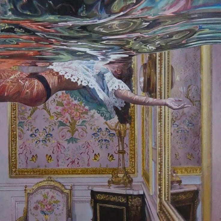 This may contain: a painting of a woman floating in the air