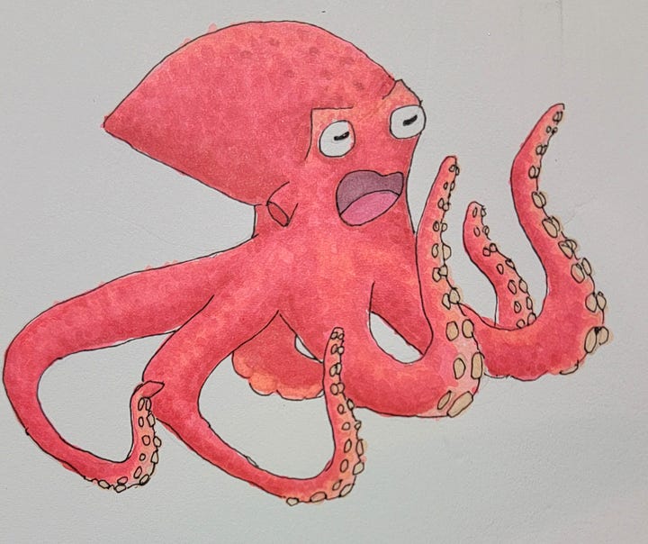 hand drawn red octopus looking horrified and pages of sketches of cute snake faces
