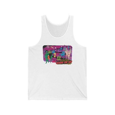 A gallery of past Planet Nude Skinny Dip Day merch featuring Zaftig Pink's previous designs. The 2024 art, a sunny, crowded beach scene of diverse nude cartoon figures, appears on a white ceramic mug and a white jersey tank. The 2025 art, a vivid purple cosmic scene of nude aliens and astronauts, appears on a white jersey tank and a white ceramic mug.