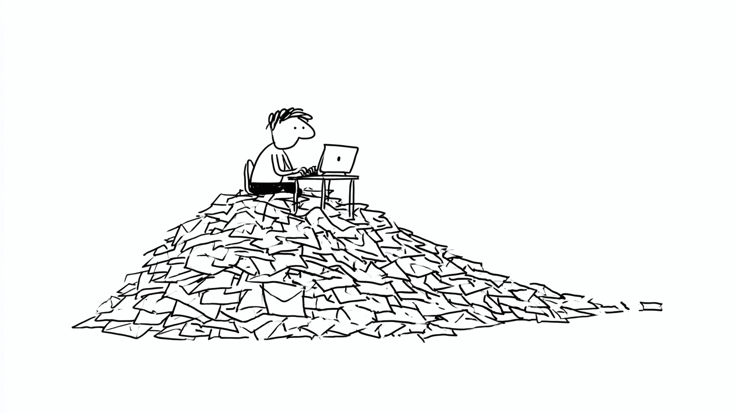 A delighted office worker types at a small desk perched on top of an enormous heap of sealed, unopened envelopes.