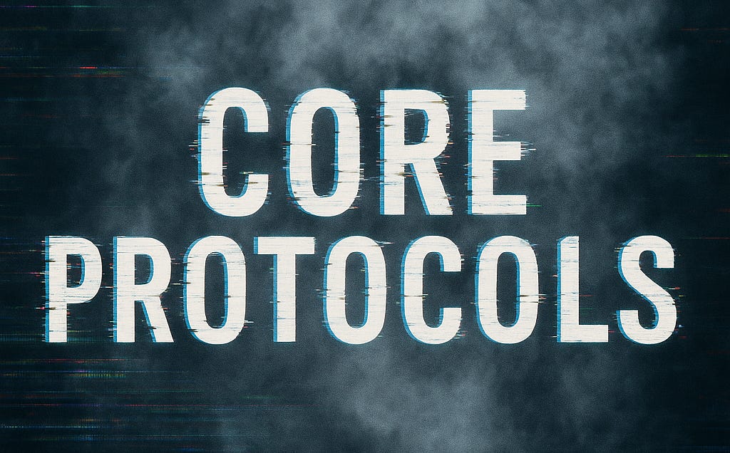 Banner displaying “CORE PROTOCOLS” with a foggy glitch effect and neural graphics.