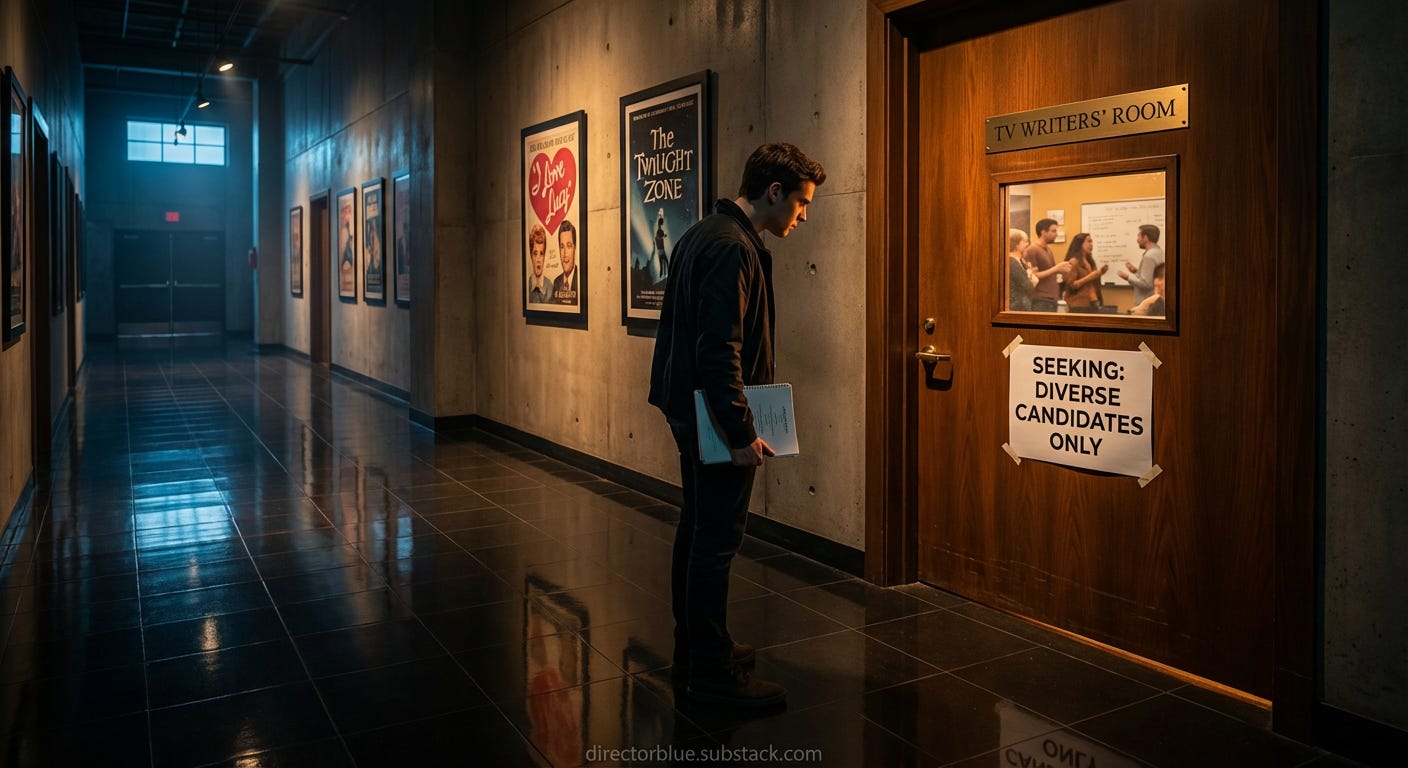 A Hollywood studio hallway with a heavy door marked TV WRITERS ROOM with a small window Posted prominently on the door is a casting sheet document clearly reading SEEKING DIVERSE CANDIDATES ONLY Through the small window the warm glow of a co_image_1